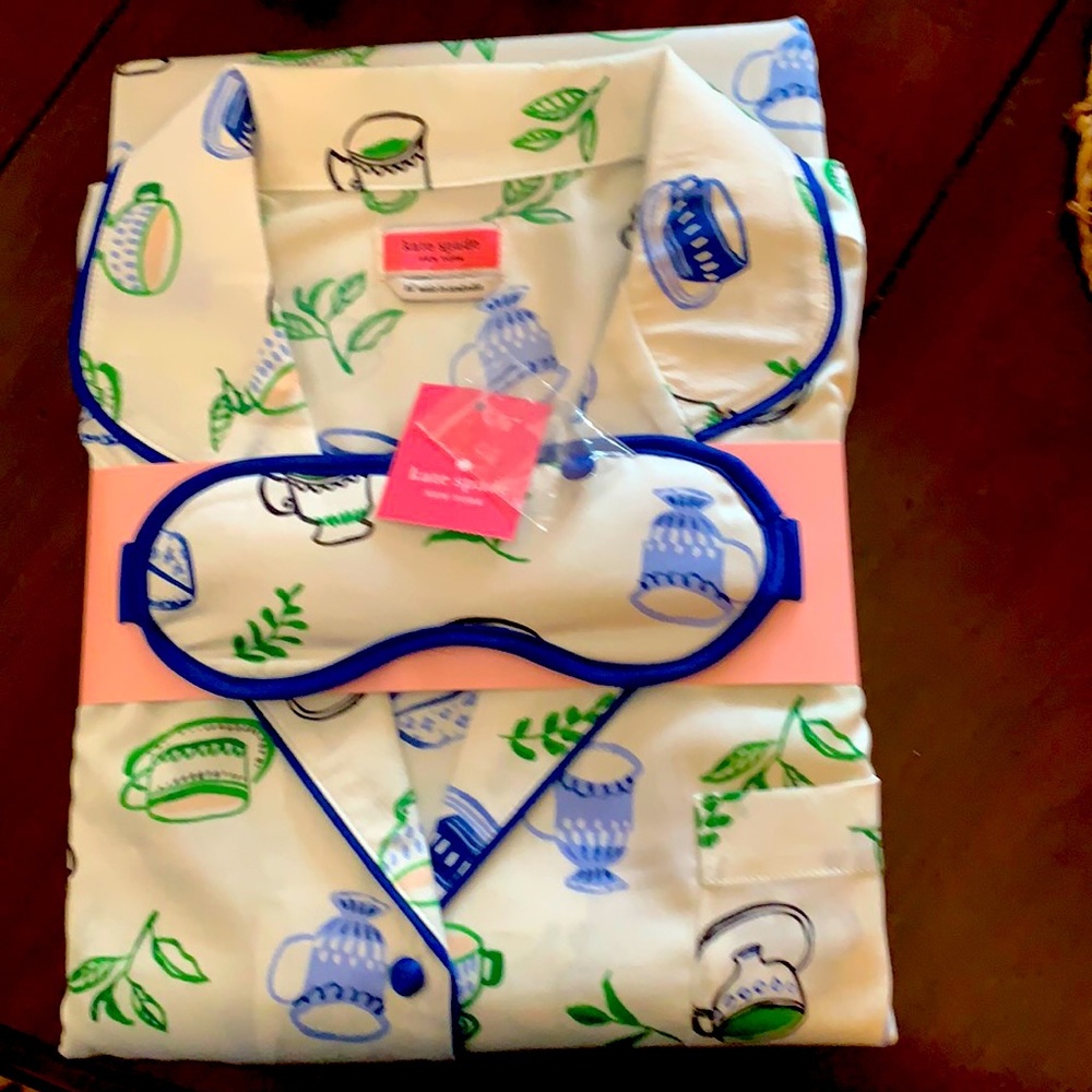 kate spade White Pajama Set with Blue and Green Teapot Print